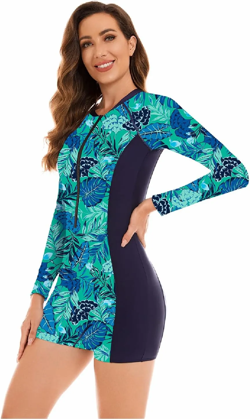 NESY Womens Rash Guard Swimsuit Boyleg Long Sleeve One Piece Bathing Suit UPF 50 Zipper Surfing Wetsuit Athletic Swimwear
