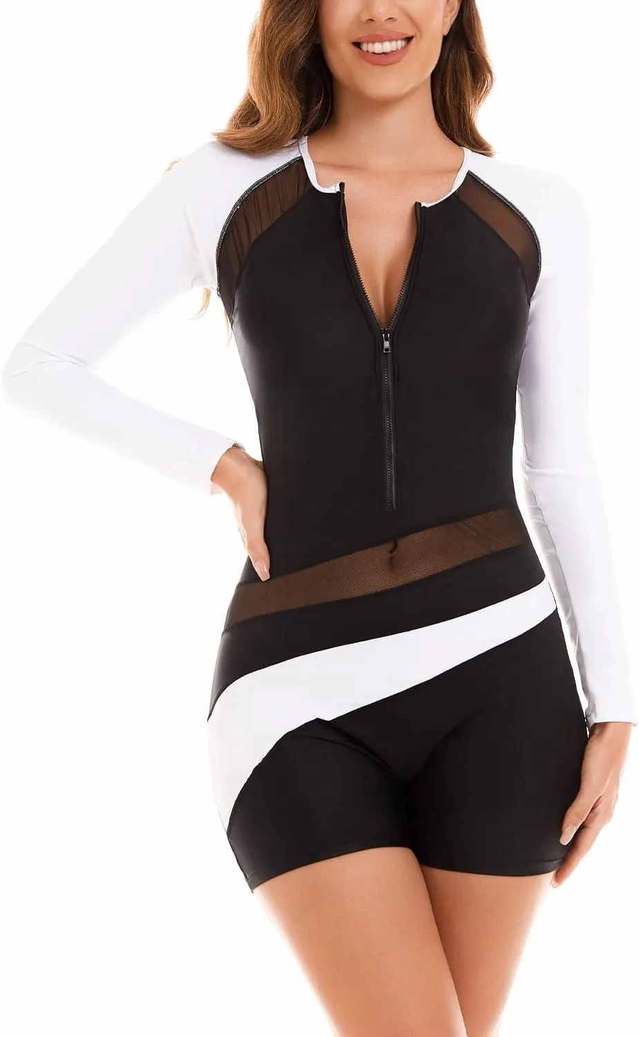 NESY Womens Rash Guard Swimsuit Boyleg Long Sleeve One Piece Bathing Suit UPF 50 Zipper Surfing Wetsuit Athletic Swimwear