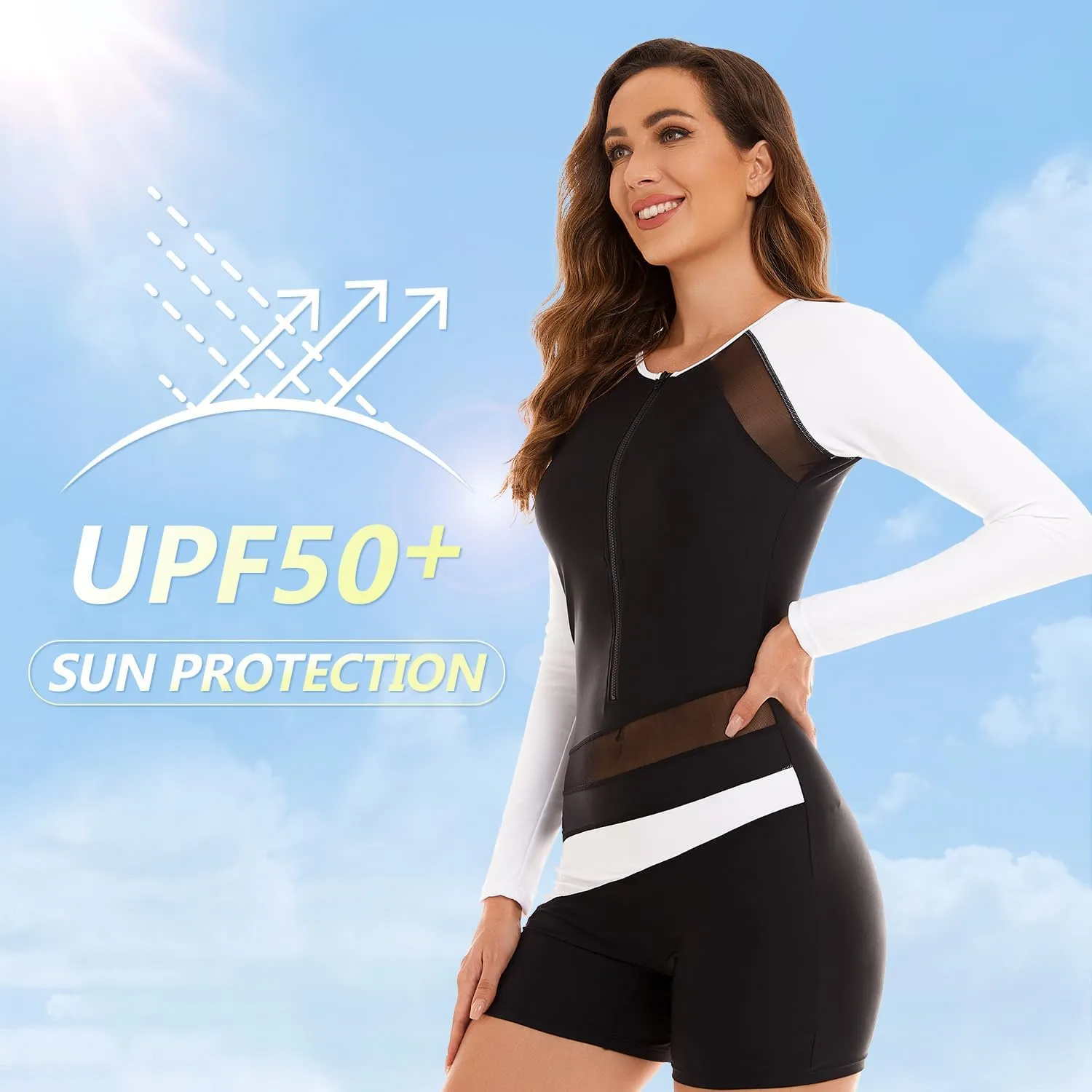 NESY Womens Rash Guard Swimsuit Boyleg Long Sleeve One Piece Bathing Suit UPF 50 Zipper Surfing Wetsuit Athletic Swimwear