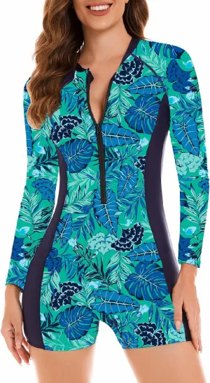 NESY Womens Rash Guard Swimsuit Boyleg Long Sleeve One Piece Bathing Suit UPF 50 Zipper Surfing Wetsuit Athletic Swimwear