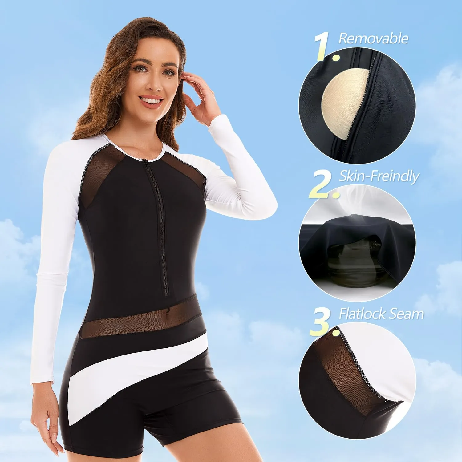 NESY Womens Rash Guard Swimsuit Boyleg Long Sleeve One Piece Bathing Suit UPF 50 Zipper Surfing Wetsuit Athletic Swimwear