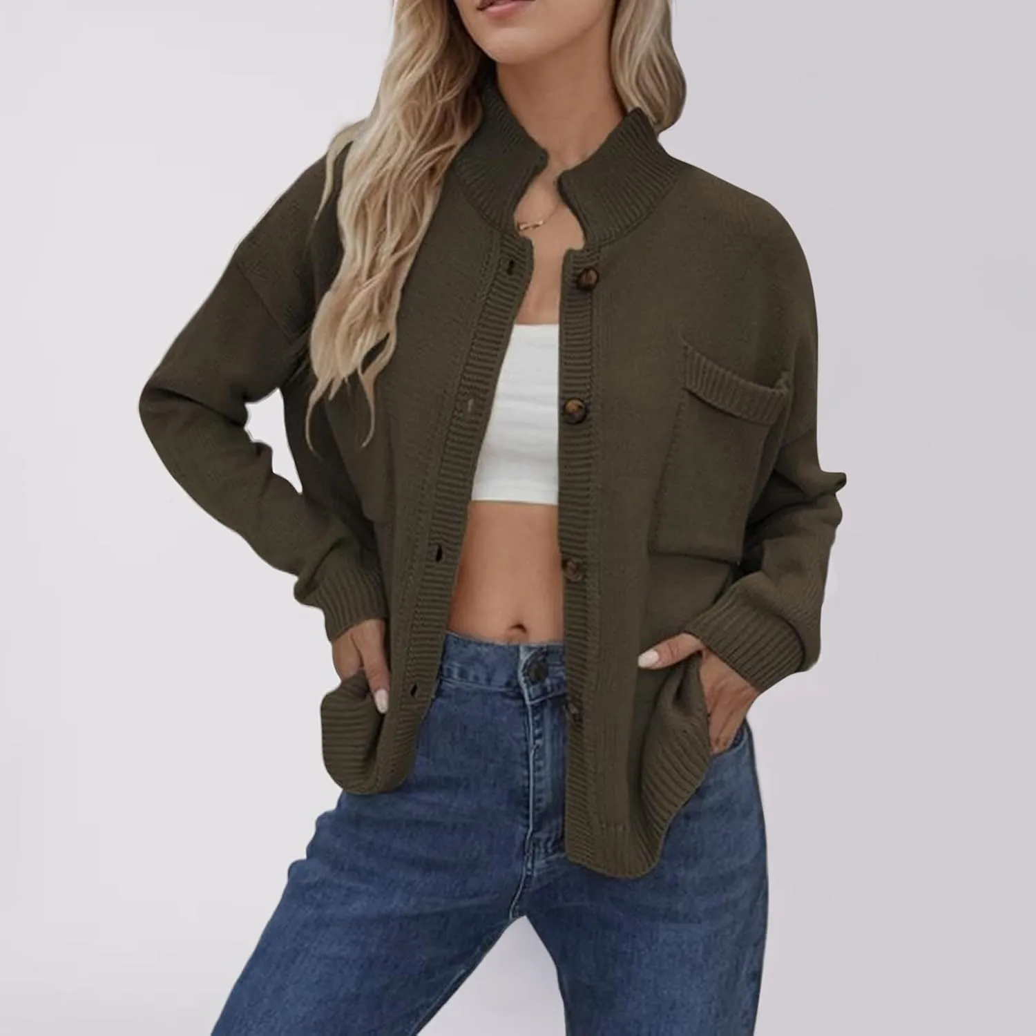 New Selling Knitted Coat Stand Collar Solid Color Cardigan Sweater Women's Dress Long Sweater with Pocket