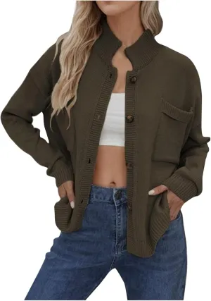 New Selling Knitted Coat Stand Collar Solid Color Cardigan Sweater Women's Dress Long Sweater with Pocket