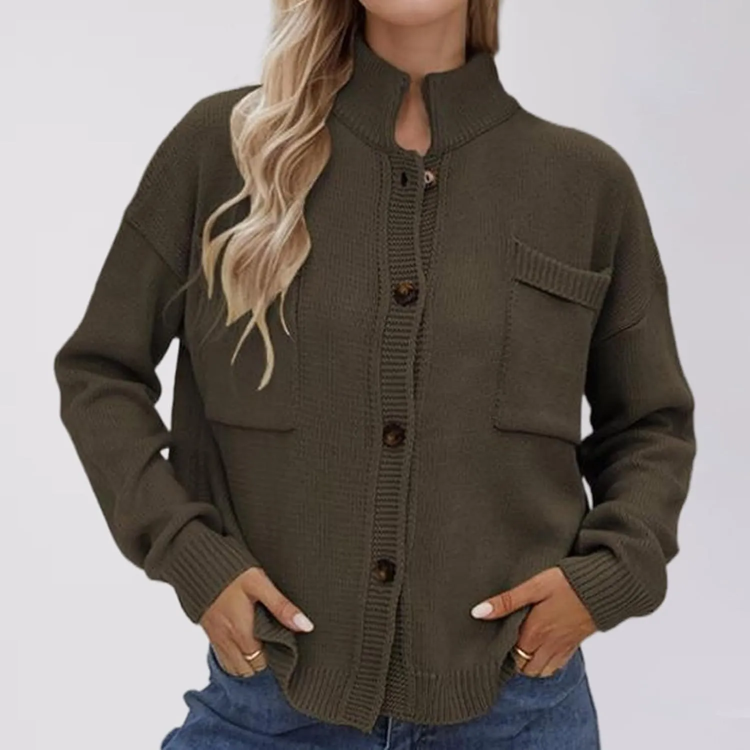 New Selling Knitted Coat Stand Collar Solid Color Cardigan Sweater Women's Dress Long Sweater with Pocket