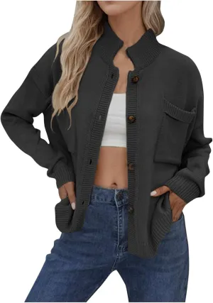 New Selling Knitted Coat Stand Collar Solid Color Cardigan Sweater Women's Dress Travel Sweatshirt Women