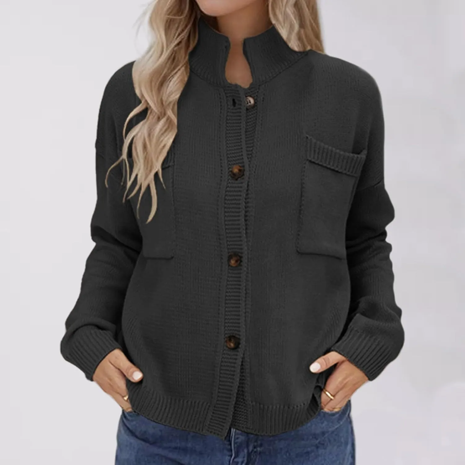 New Selling Knitted Coat Stand Collar Solid Color Cardigan Sweater Women's Dress Travel Sweatshirt Women