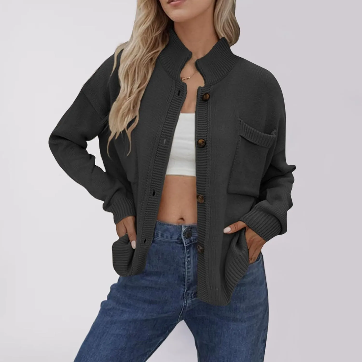 New Selling Knitted Coat Stand Collar Solid Color Cardigan Sweater Women's Dress Travel Sweatshirt Women