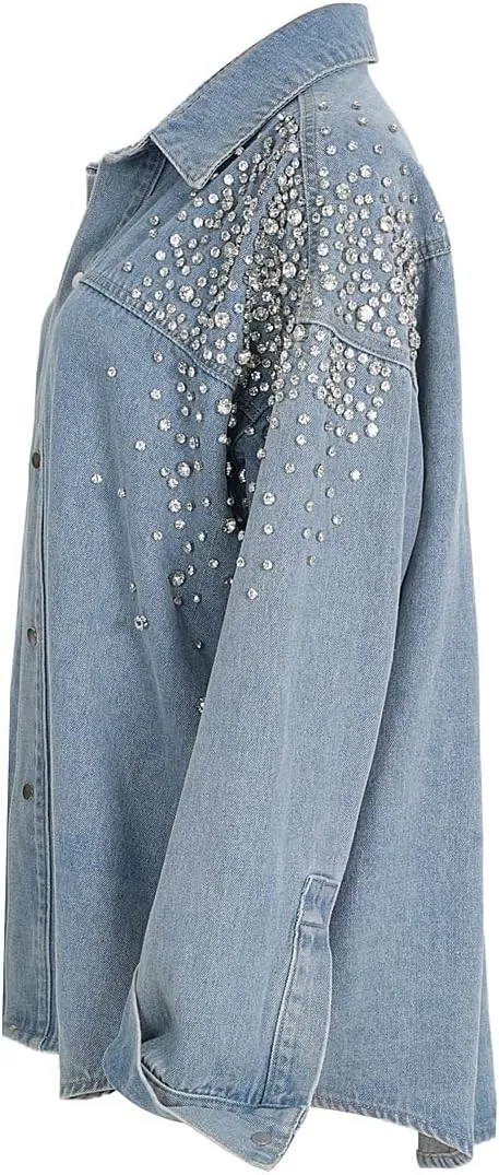 New women's denim top with classic diamond inlaid irregular loose denim casual shirt jacket