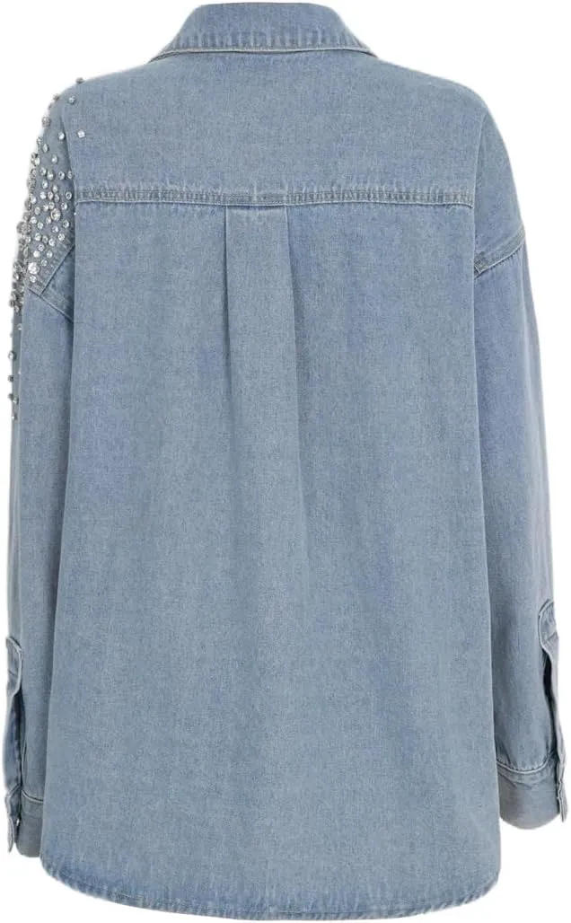 New women's denim top with classic diamond inlaid irregular loose denim casual shirt jacket