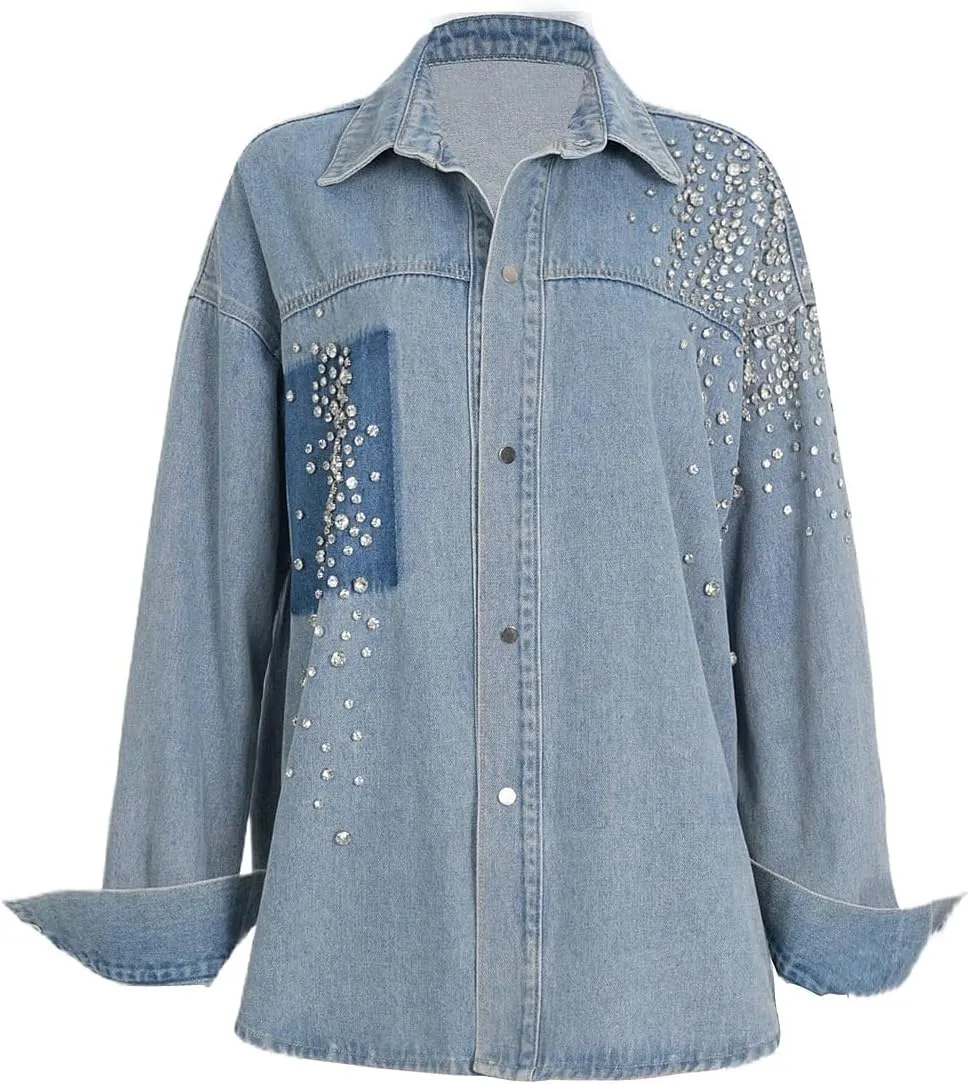 New women's denim top with classic diamond inlaid irregular loose denim casual shirt jacket