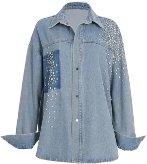 New women's denim top with classic diamond inlaid irregular loose denim casual shirt jacket