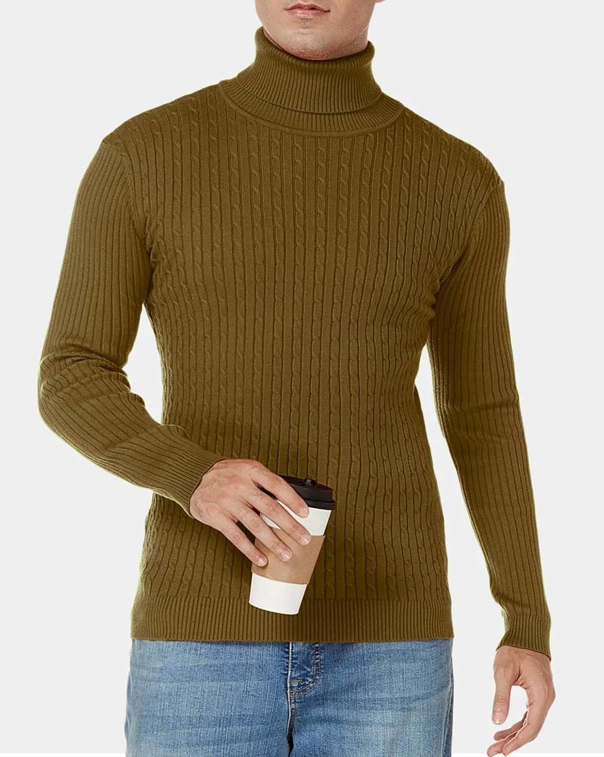 nine bull Mens Slim Fit Turtleneck Sweater Cable Knit Thermal Pullover Sweater