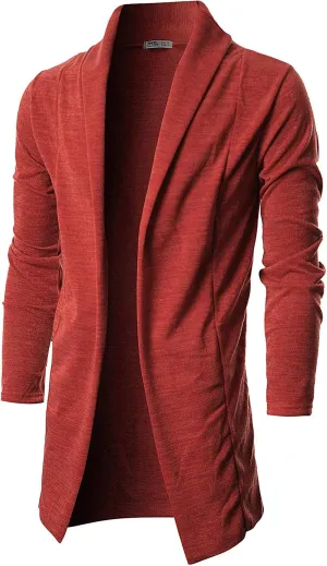 Ohoo Mens Long Sleeve Draped Lightweight Open Front Shawl Collar Longline Cardigan