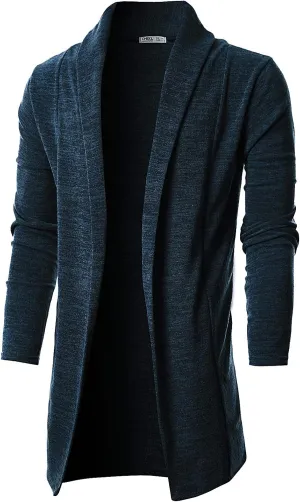 Ohoo Mens Long Sleeve Draped Lightweight Open Front Shawl Collar Longline Cardigan