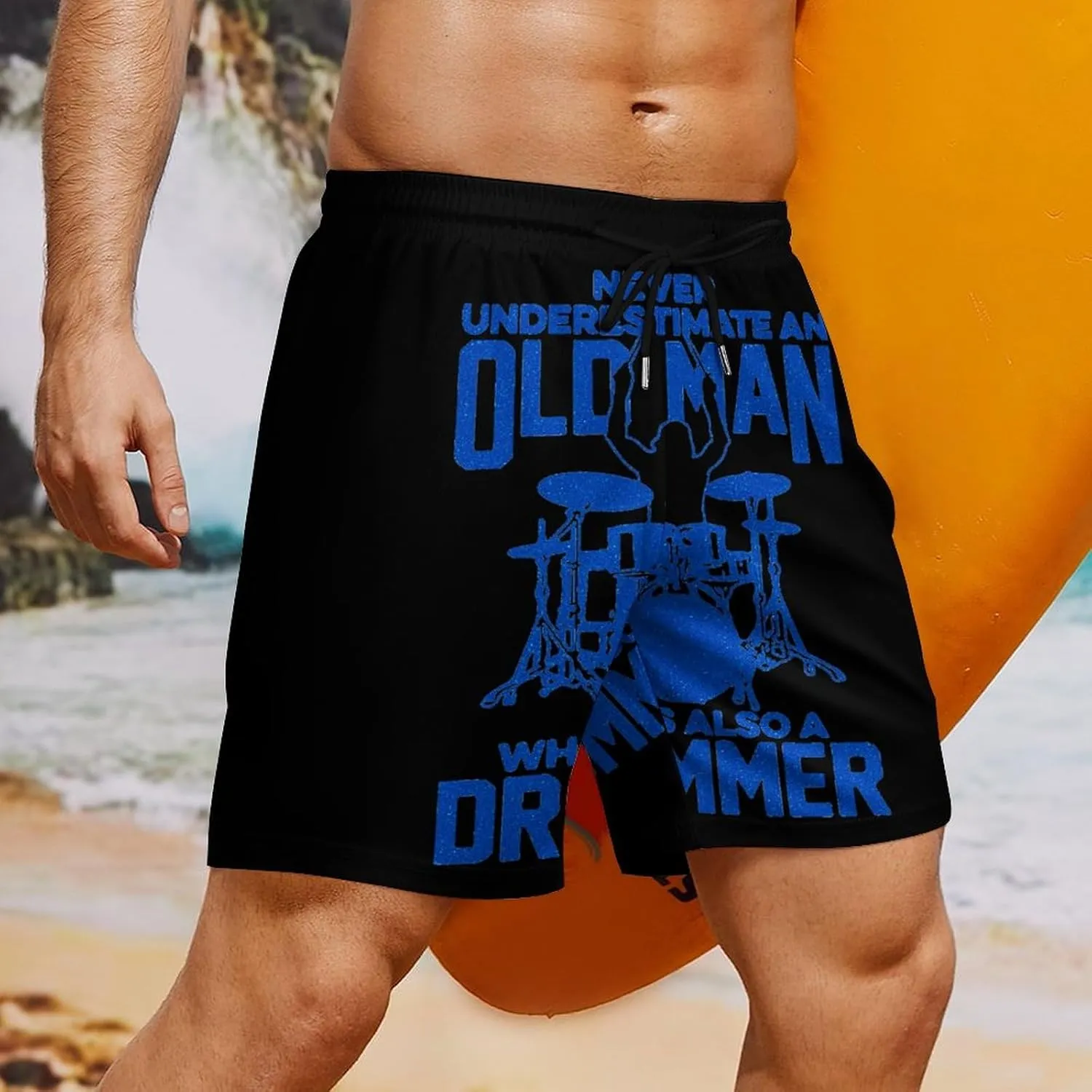 Old Man Drummer Quick Dry Mens Swim Trunks Swimming Beach Board Shorts with Pockets Workout Gym