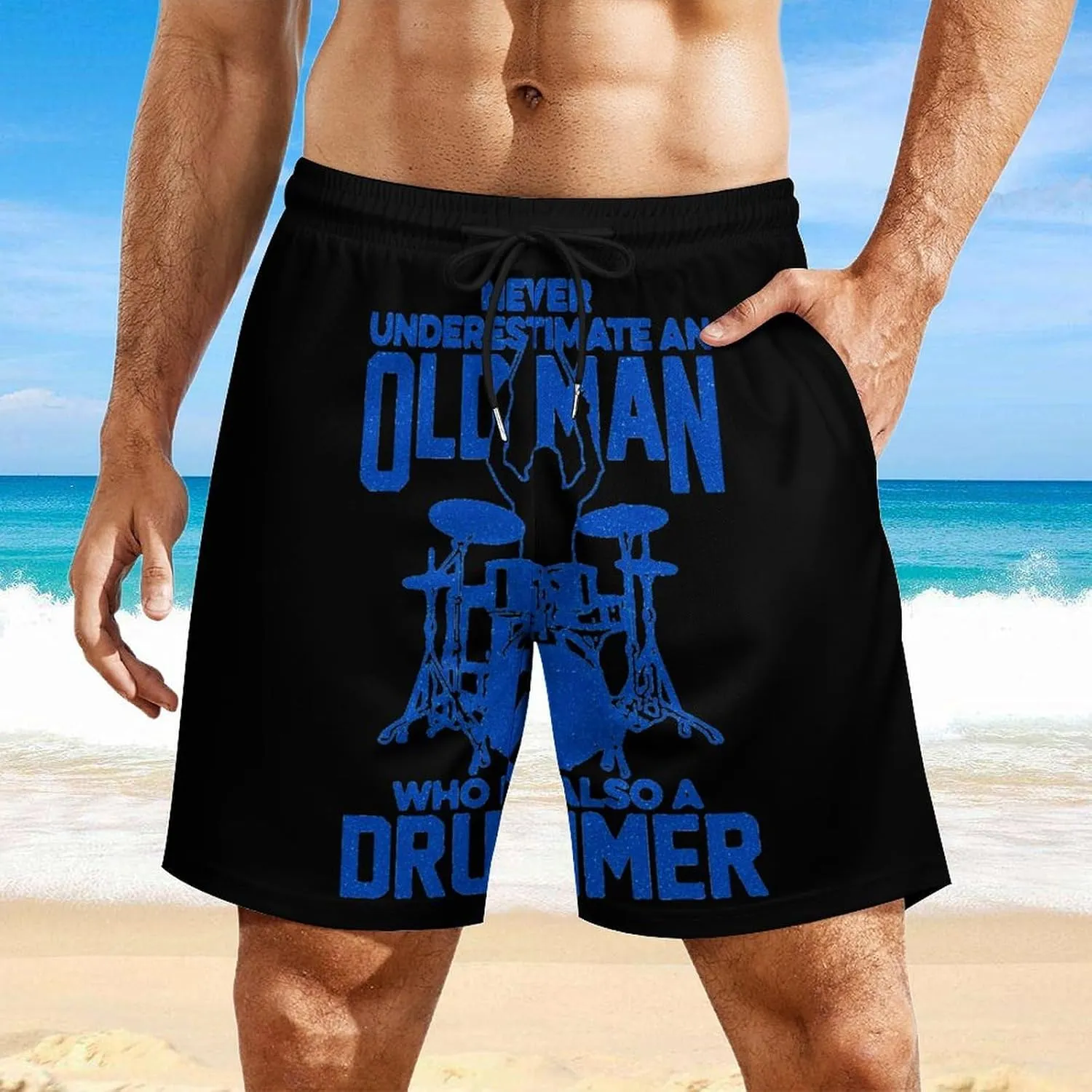Old Man Drummer Quick Dry Mens Swim Trunks Swimming Beach Board Shorts with Pockets Workout Gym