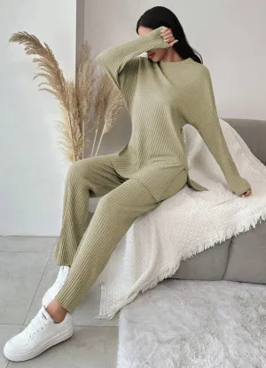 Olive Green Cotton Ribbed Co-Ord Set