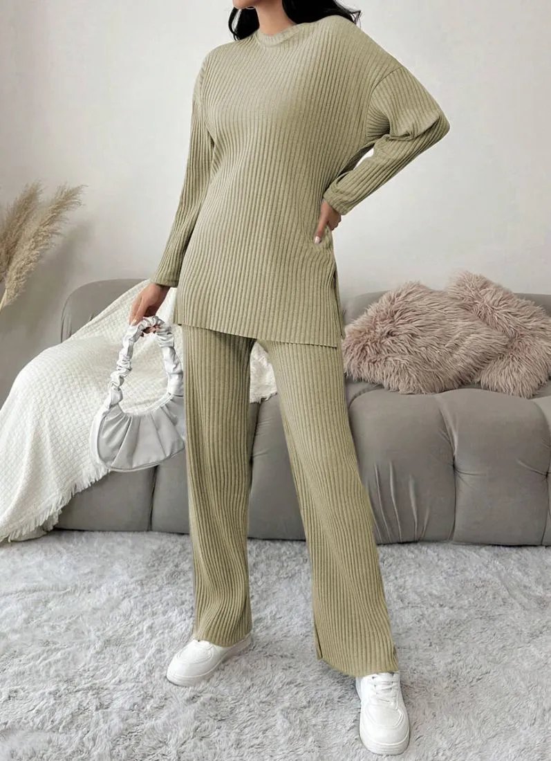 Olive Green Cotton Ribbed Co-Ord Set