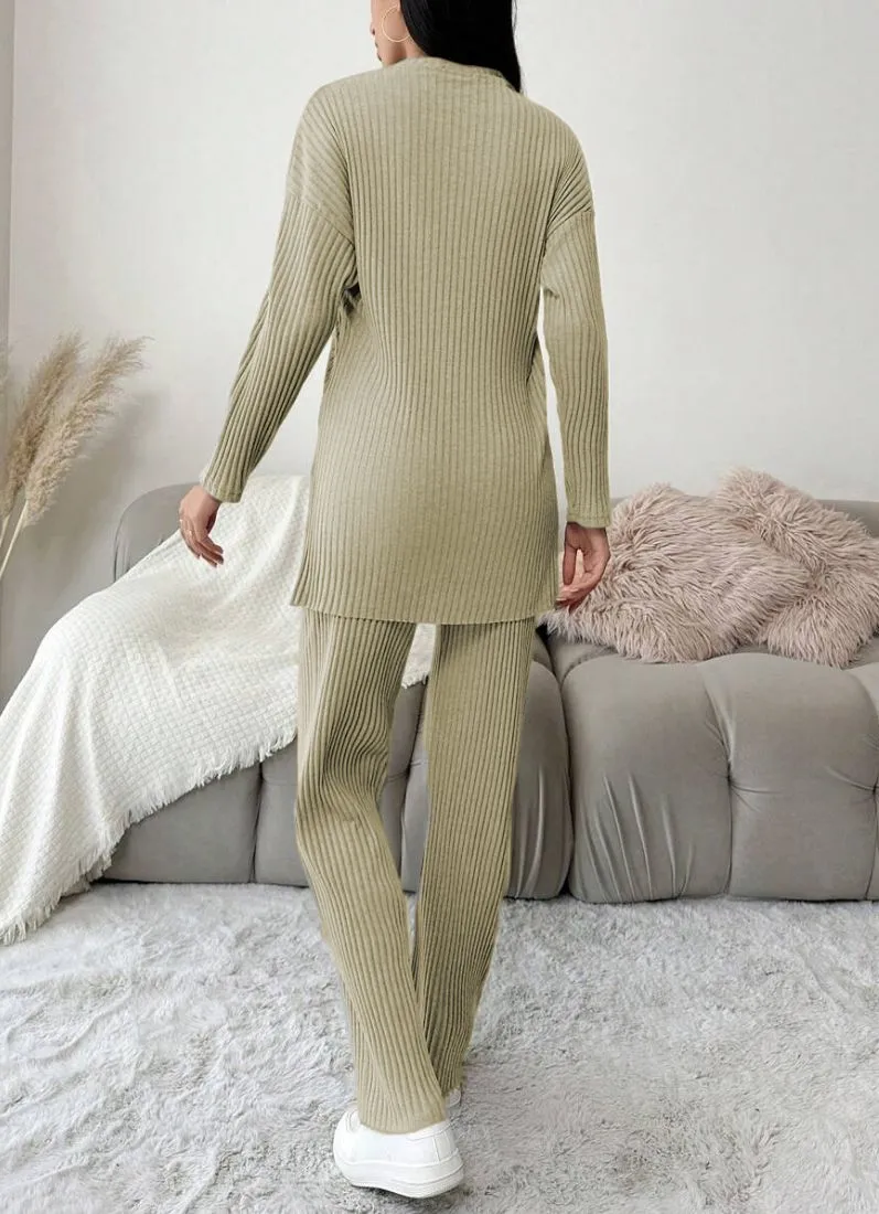 Olive Green Cotton Ribbed Co-Ord Set