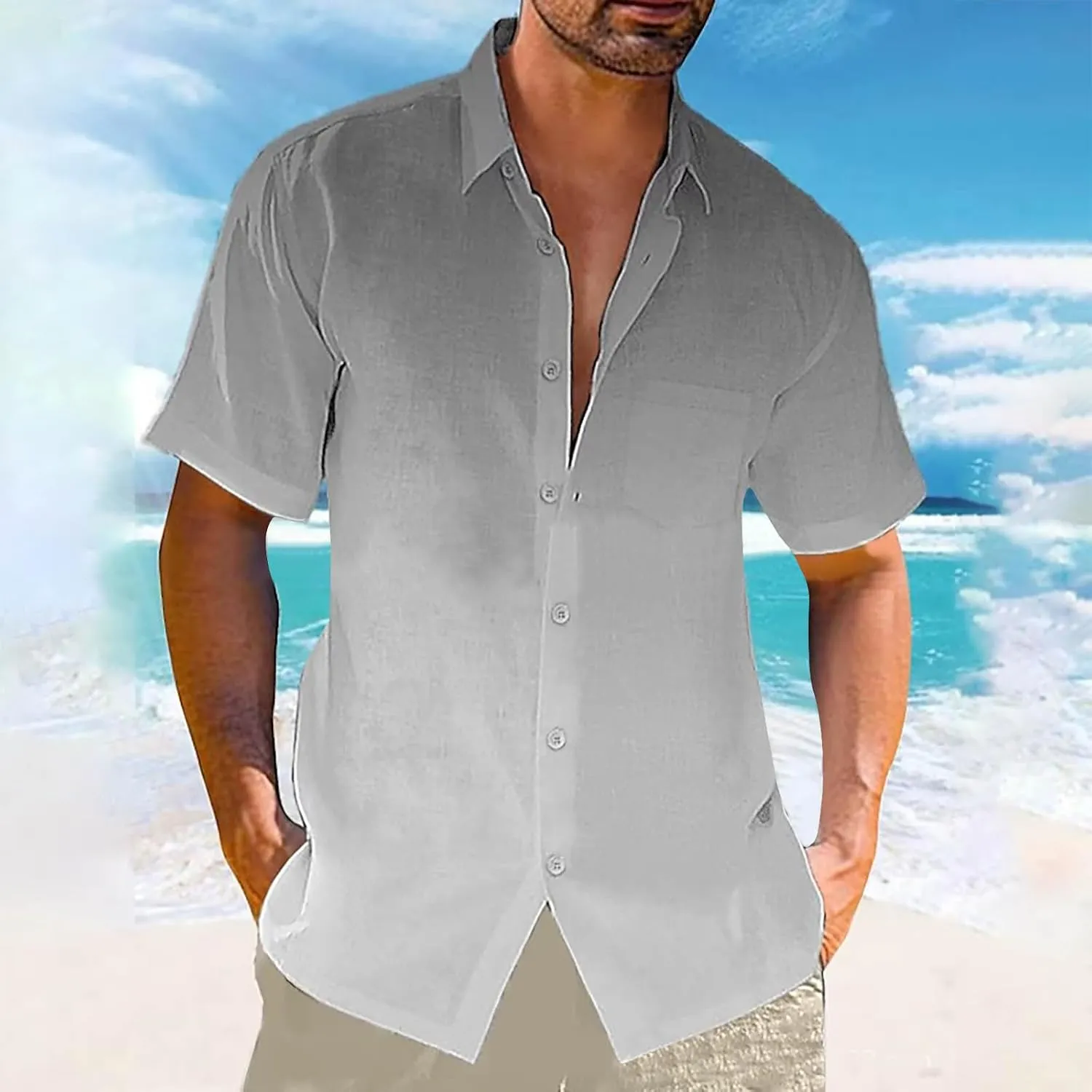 Ombre Beach Shirt for Men Linen Short Sleeve Lapel Dress Casual Vacation T-Shirt Tops Beach Button up Hawaiian Shirt
