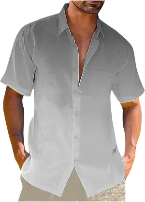 Ombre Beach Shirt for Men Linen Short Sleeve Lapel Dress Casual Vacation T-Shirt Tops Beach Button up Hawaiian Shirt