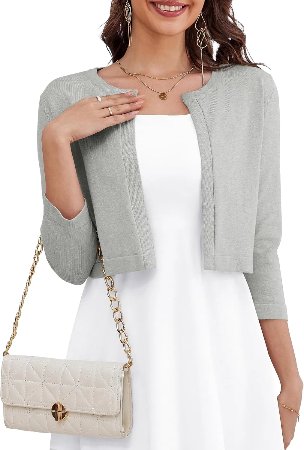 OmicGot Women's 3/4 Sleeve Open Front Knit Cropped Bolero Shrug Cardigan Sweater for Women S-XL