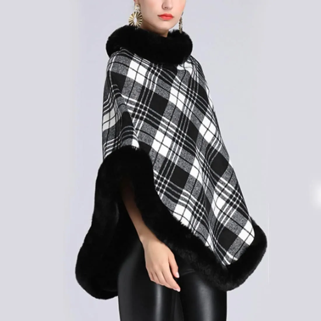 ONLYWOOD Women Fleece Lined Plaid Cape Cloak Fur Collar Pullover Winter Warm Coat