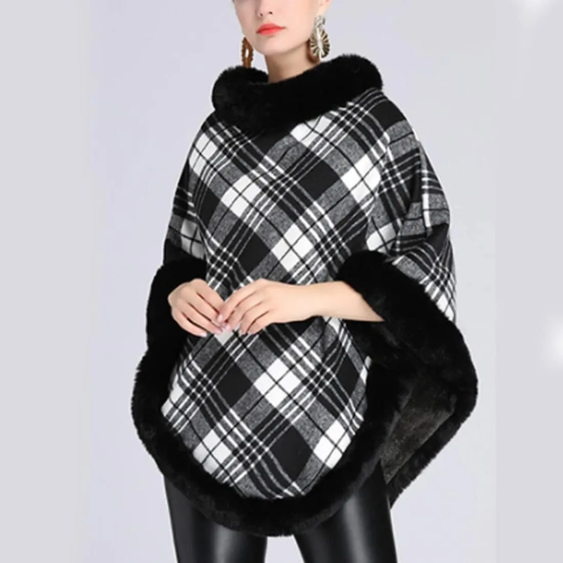 ONLYWOOD Women Fleece Lined Plaid Cape Cloak Fur Collar Pullover Winter Warm Coat