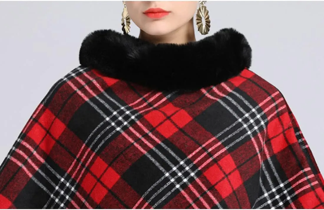 ONLYWOOD Women Fleece Lined Plaid Cape Cloak Fur Collar Pullover Winter Warm Coat