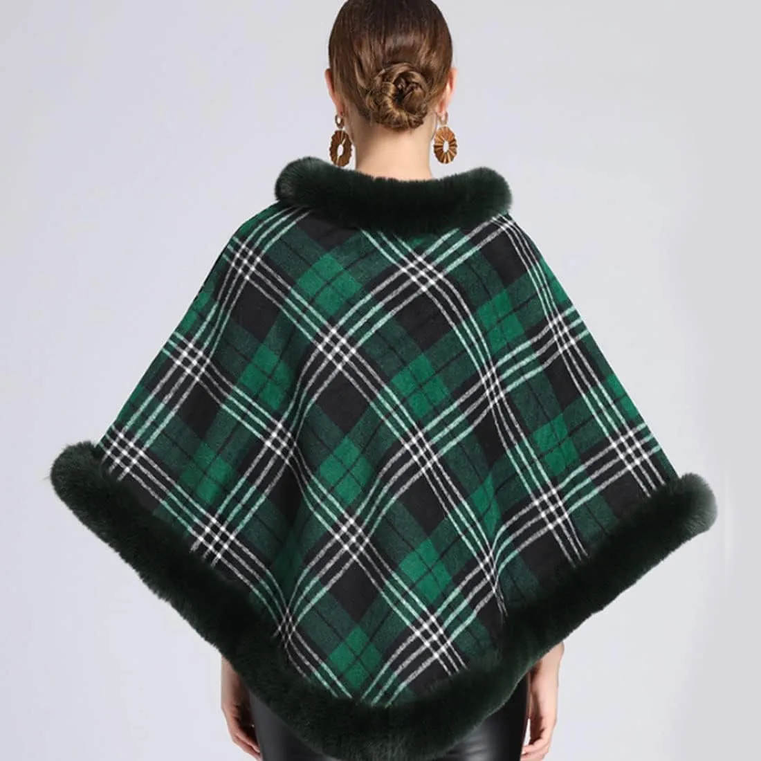 ONLYWOOD Women Fleece Lined Plaid Cape Cloak Fur Collar Pullover Winter Warm Coat