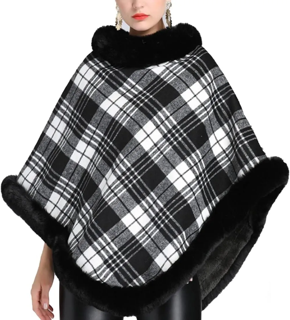 ONLYWOOD Women Fleece Lined Plaid Cape Cloak Fur Collar Pullover Winter Warm Coat