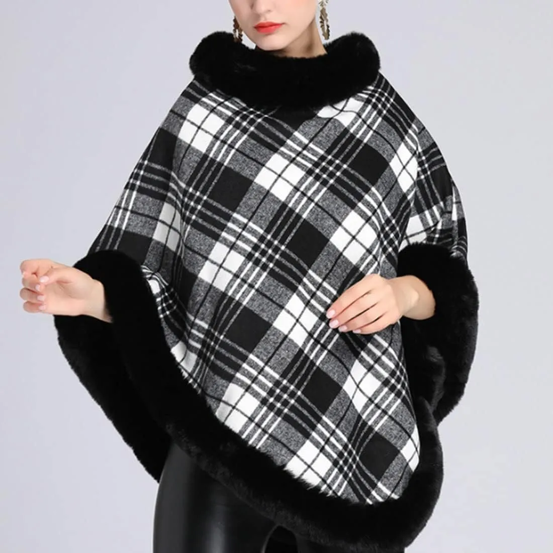 ONLYWOOD Women Fleece Lined Plaid Cape Cloak Fur Collar Pullover Winter Warm Coat