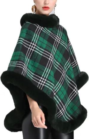 ONLYWOOD Women Fleece Lined Plaid Cape Cloak Fur Collar Pullover Winter Warm Coat
