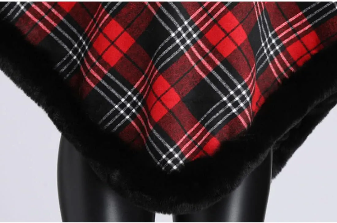 ONLYWOOD Women Fleece Lined Plaid Cape Cloak Fur Collar Pullover Winter Warm Coat