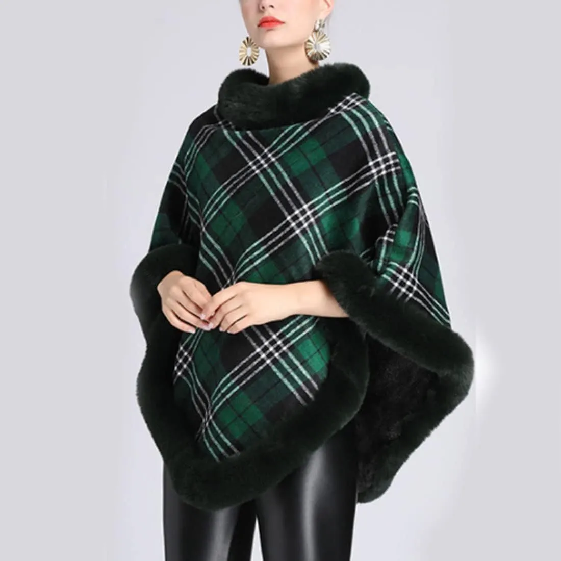ONLYWOOD Women Fleece Lined Plaid Cape Cloak Fur Collar Pullover Winter Warm Coat