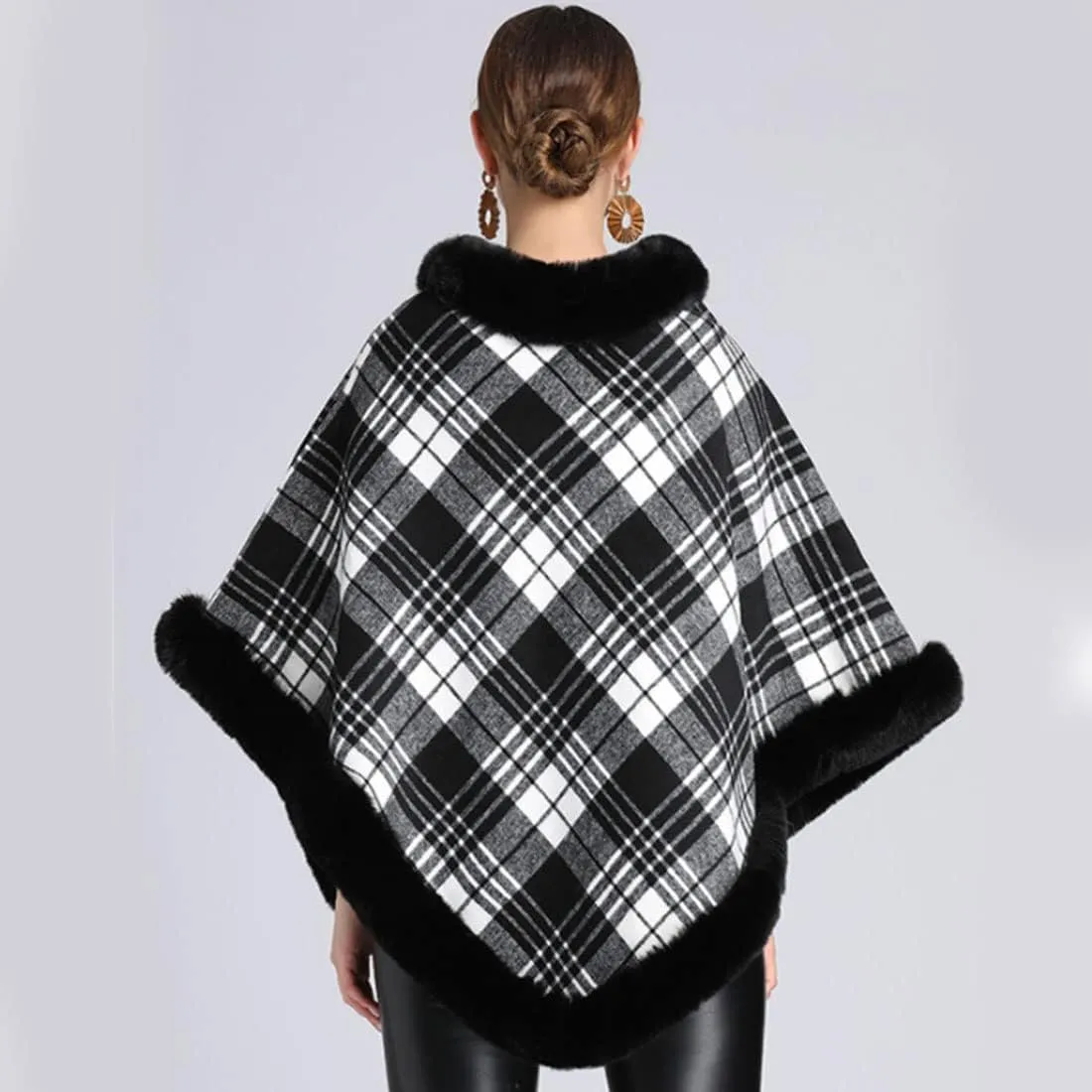 ONLYWOOD Women Fleece Lined Plaid Cape Cloak Fur Collar Pullover Winter Warm Coat