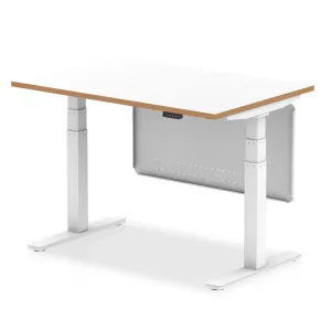 Oslo Air Height Adjustable Desk White Top Natural Wood Edge White Frame with White Steel Modesty Panel