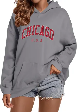 Oversized Chicago Graphic Hoodies Vintage Cute Aesthetic Preppy Sweatshirt for Women Teen Girls Trendy Pullover Tops