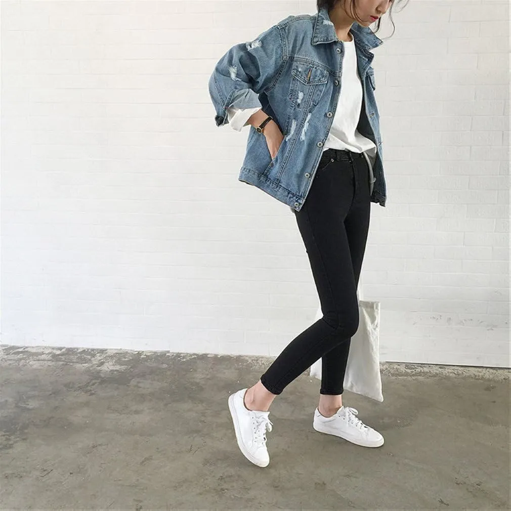 Oversized Denim Jacket for Women Destoryed Long Sleeve Boyfriend Jean Jacket Loose Coat