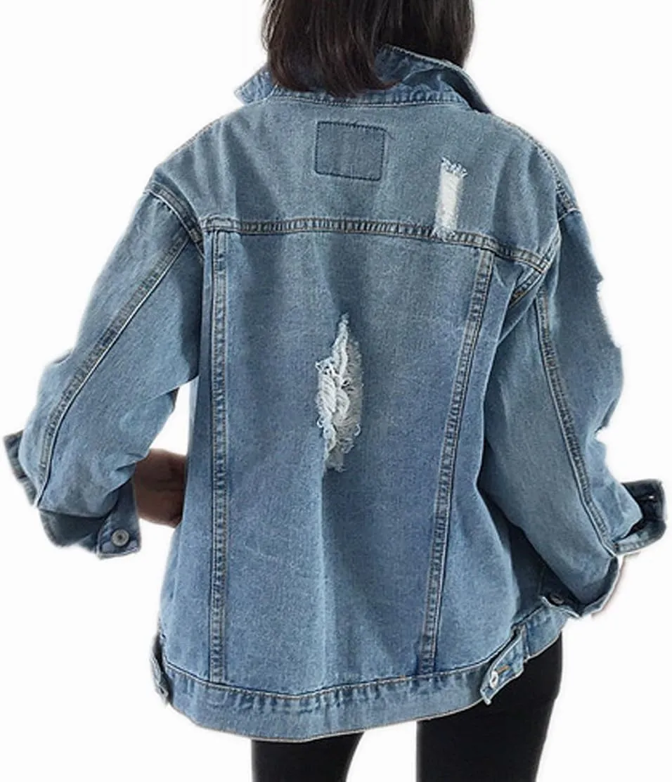 Oversized Denim Jacket for Women Destoryed Long Sleeve Boyfriend Jean Jacket Loose Coat