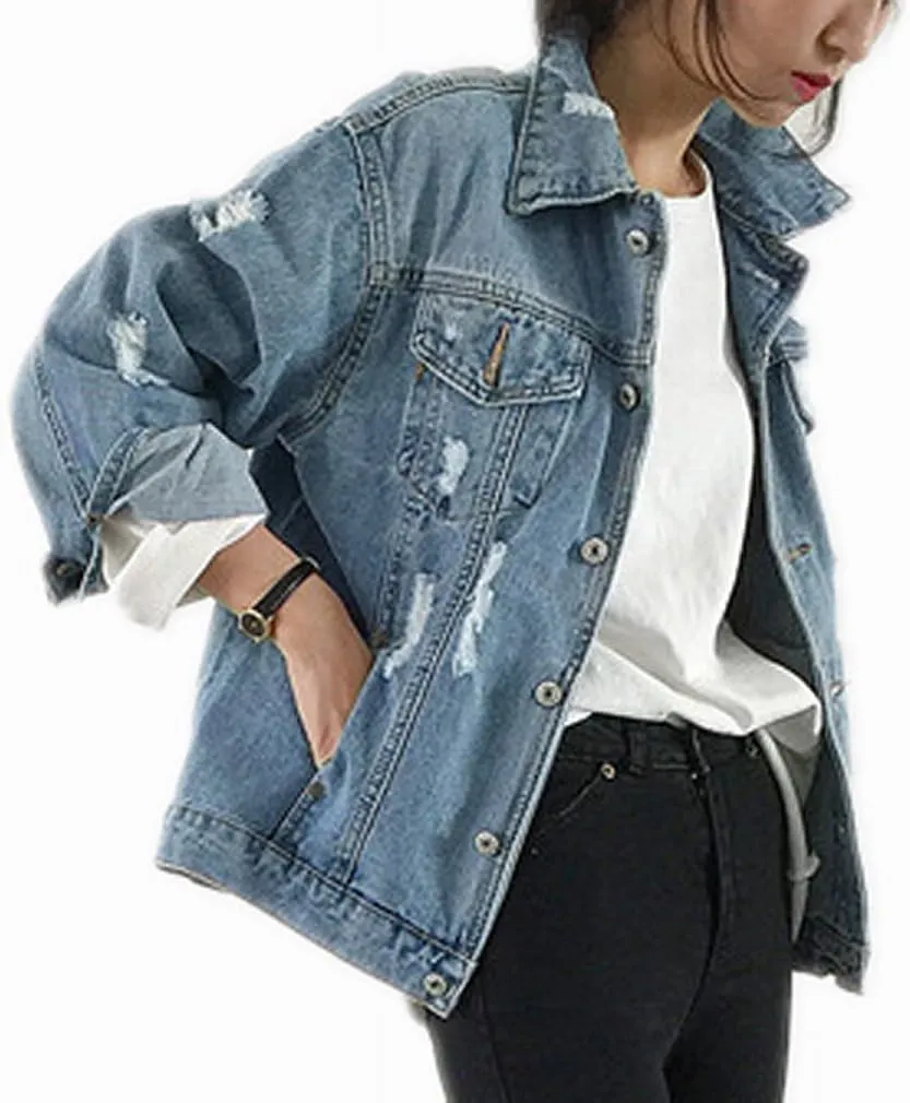 Oversized Denim Jacket for Women Destoryed Long Sleeve Boyfriend Jean Jacket Loose Coat
