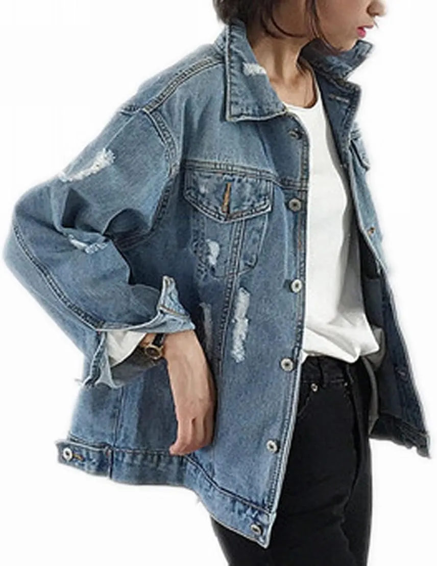 Oversized Denim Jacket for Women Destoryed Long Sleeve Boyfriend Jean Jacket Loose Coat