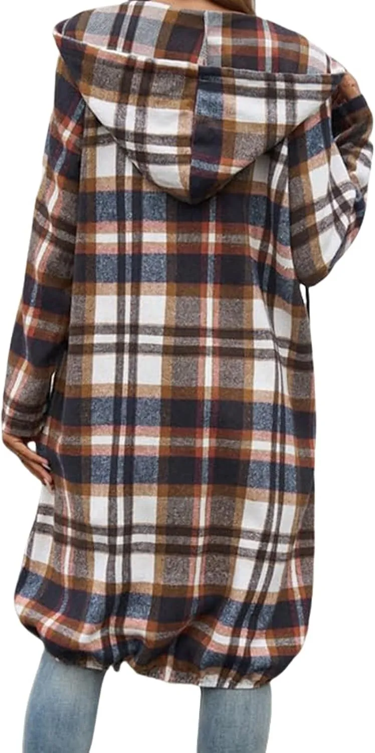 Oversized Plaid Jacket for Women Zip Up Hooded Jacket Elastic Hem Long Trench Coat Casual Loose Jacket Outerwear