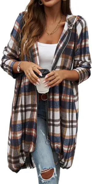 Oversized Plaid Jacket for Women Zip Up Hooded Jacket Elastic Hem Long Trench Coat Casual Loose Jacket Outerwear