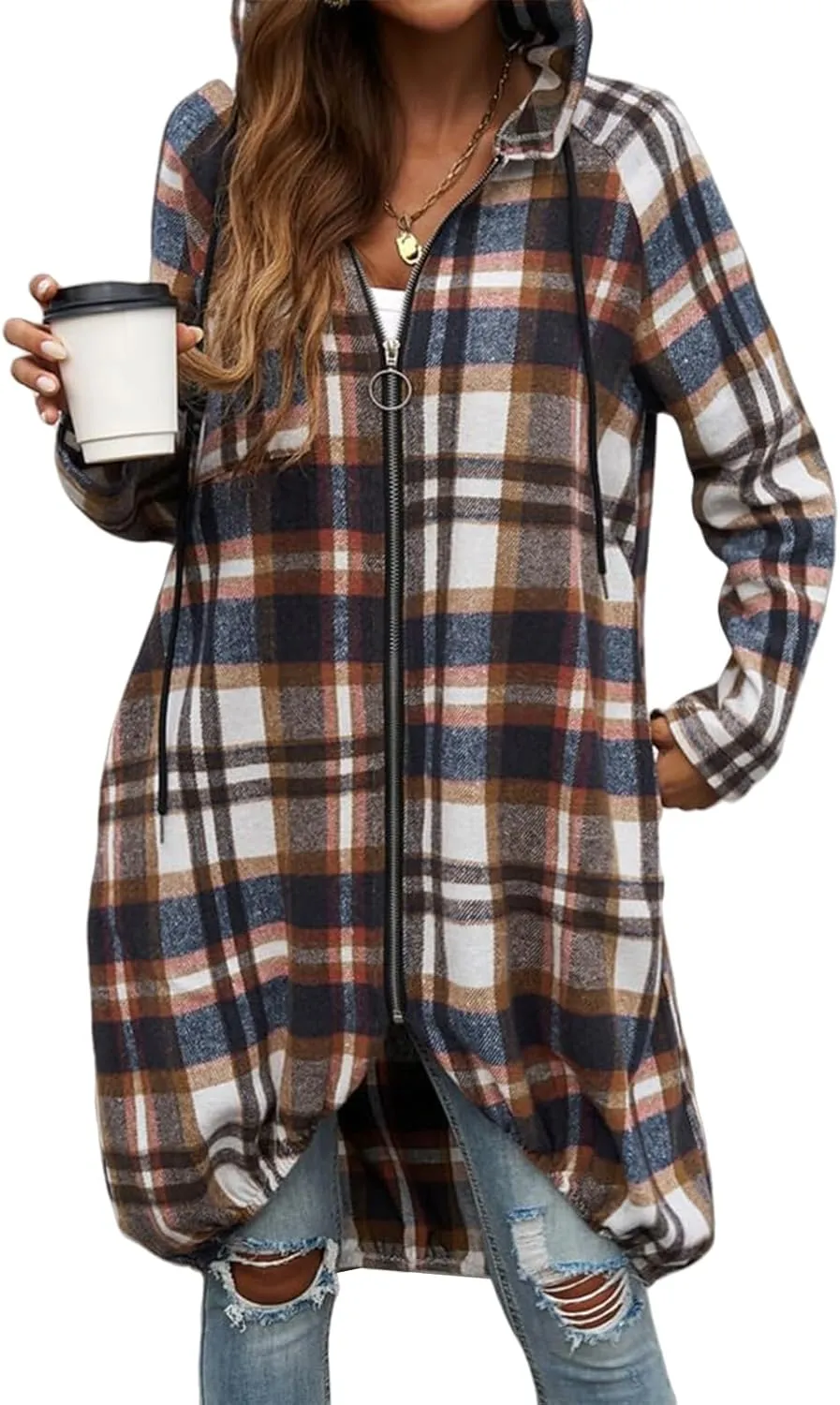 Oversized Plaid Jacket for Women Zip Up Hooded Jacket Elastic Hem Long Trench Coat Casual Loose Jacket Outerwear