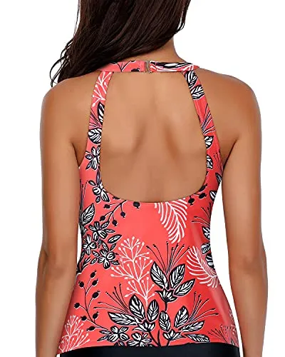 Padded Push Up Bra Tankini Top Tummy Control Swimsuit Top-Red Floral