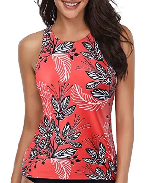 Padded Push Up Bra Tankini Top Tummy Control Swimsuit Top-Red Floral