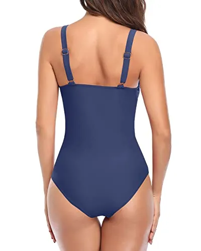Padded Push Up Bras Tummy Control Flattering One Piece Swimsuits-Blue