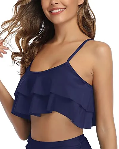 Padded Straps Flounce Swim Top Swimsuit Tank Top For Women-Navy Blue