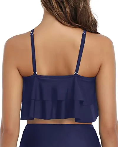 Padded Straps Flounce Swim Top Swimsuit Tank Top For Women-Navy Blue